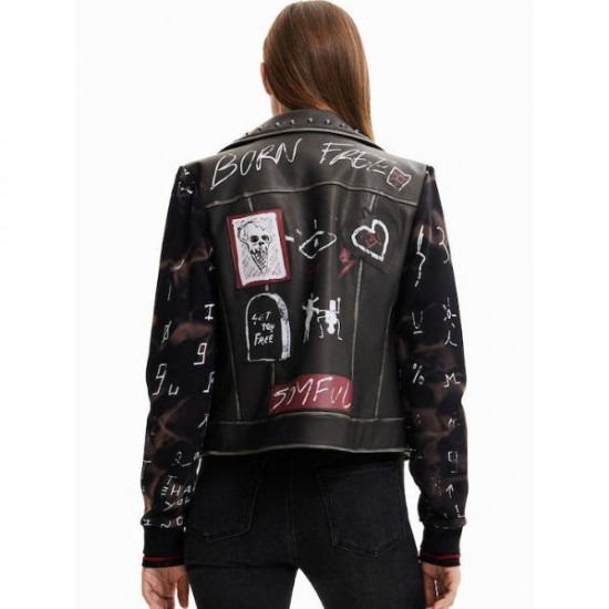 Geaca Desigual biker, din piele ecologica, cu maneci din material textil, PORTLAND, S
