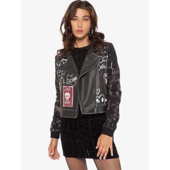 Geaca Desigual biker, din piele ecologica, cu maneci din material textil, PORTLAND, S